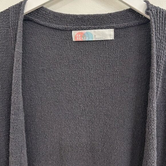 Free People FP Beach L Long Gray Open Cardigan Pockets Bohemian Fall Layering - Picture 8 of 8